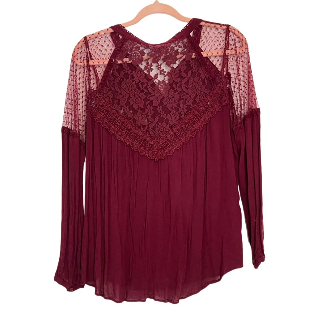American Eagle Outfitters Burgandy Long Sleeves Tunic Lace Button Up Top Size L - Picture 4 of 10